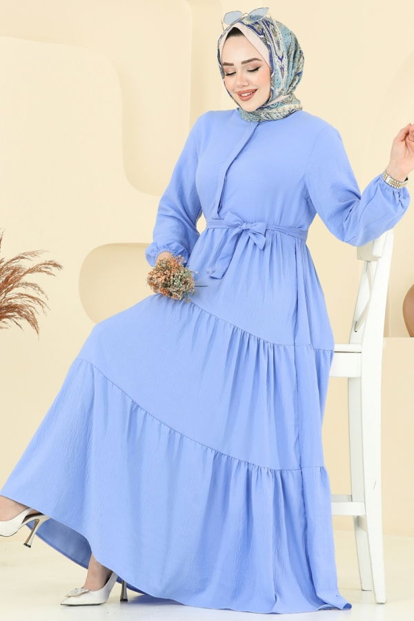 Modaselvim Elbise Eteği Katlı Tesettür Elbise 6094TEG847 Bebe Mavi