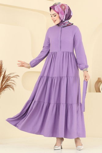 moda selvim Eteği Katlı Tesettür Elbise 6094TEG847 Koyu Lila - Thumbnail