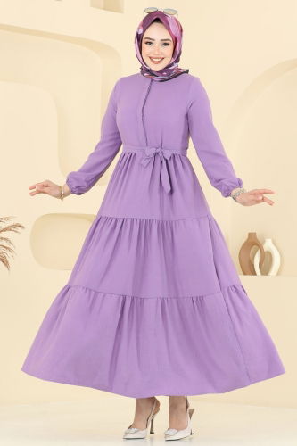 moda selvim Eteği Katlı Tesettür Elbise 6094TEG847 Koyu Lila - Thumbnail