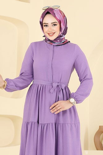 moda selvim Eteği Katlı Tesettür Elbise 6094TEG847 Koyu Lila - Thumbnail