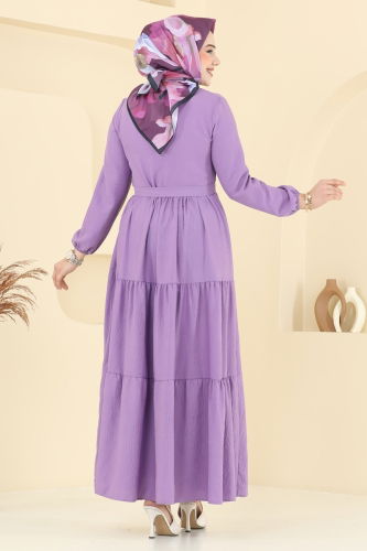 moda selvim Eteği Katlı Tesettür Elbise 6094TEG847 Koyu Lila - Thumbnail