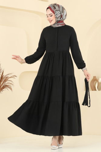 moda selvim Eteği Katlı Tesettür Elbise 6094TEG847 Siyah - Thumbnail