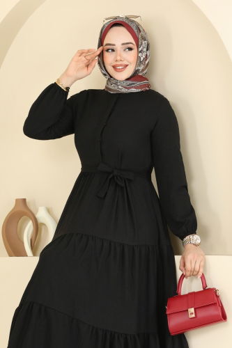 moda selvim Eteği Katlı Tesettür Elbise 6094TEG847 Siyah - Thumbnail
