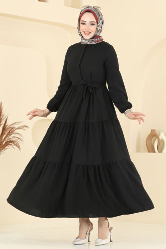 moda selvim Eteği Katlı Tesettür Elbise 6094TEG847 Siyah - Thumbnail