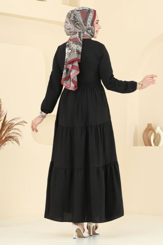 moda selvim Eteği Katlı Tesettür Elbise 6094TEG847 Siyah - Thumbnail