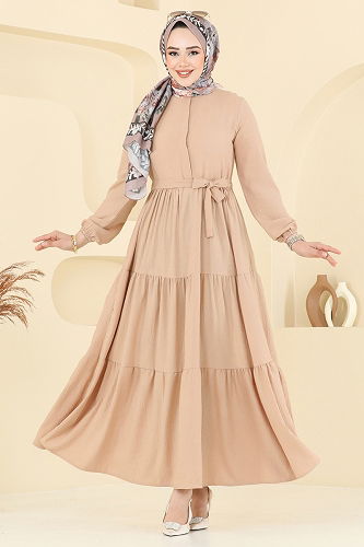 moda selvim Eteği Katlı Tesettür Elbise 6094TEG847 Vizyon - Thumbnail