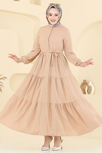 moda selvim Eteği Katlı Tesettür Elbise 6094TEG847 Vizyon - Thumbnail