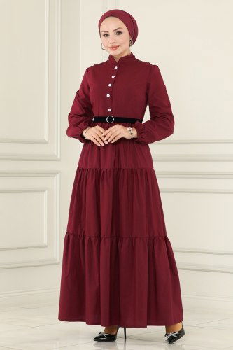 moda selvim Eteği Katlı Tesettür Elbise ASM2613 Bordo - Thumbnail