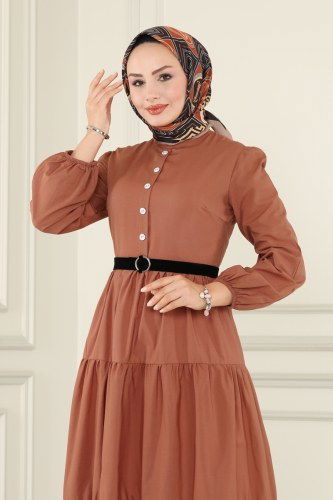 moda selvim Eteği Katlı Tesettür Elbise ASM2613 Koyu Somon - Thumbnail