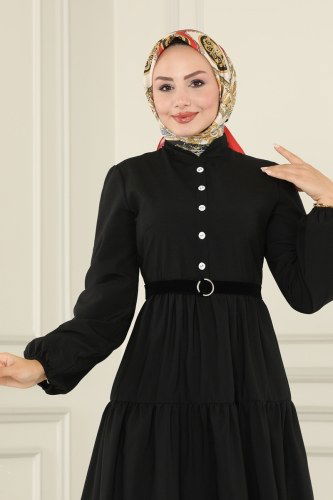 moda selvim Eteği Katlı Tesettür Elbise ASM2613 Siyah - Thumbnail