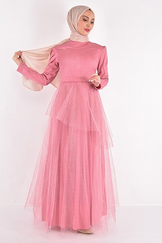 moda selvim Eteği Katlı Tül Abiye ASM2471-M Pudra - Thumbnail