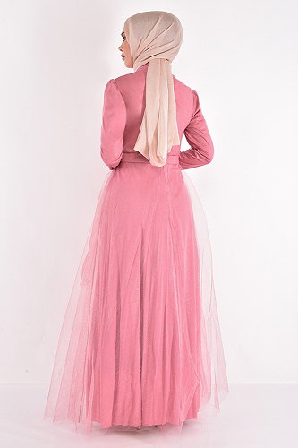 moda selvim Eteği Katlı Tül Abiye ASM2471-M Pudra - Thumbnail