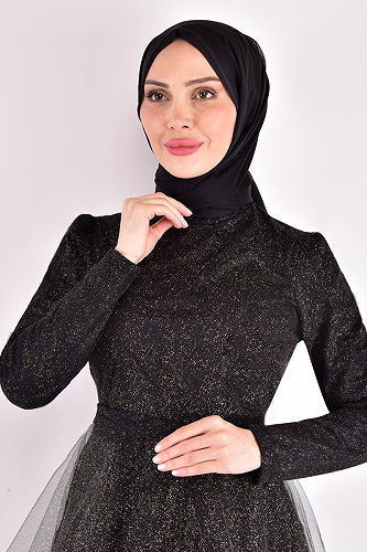 moda selvim Eteği Katlı Tül Abiye ASM2471-M Siyah - Thumbnail