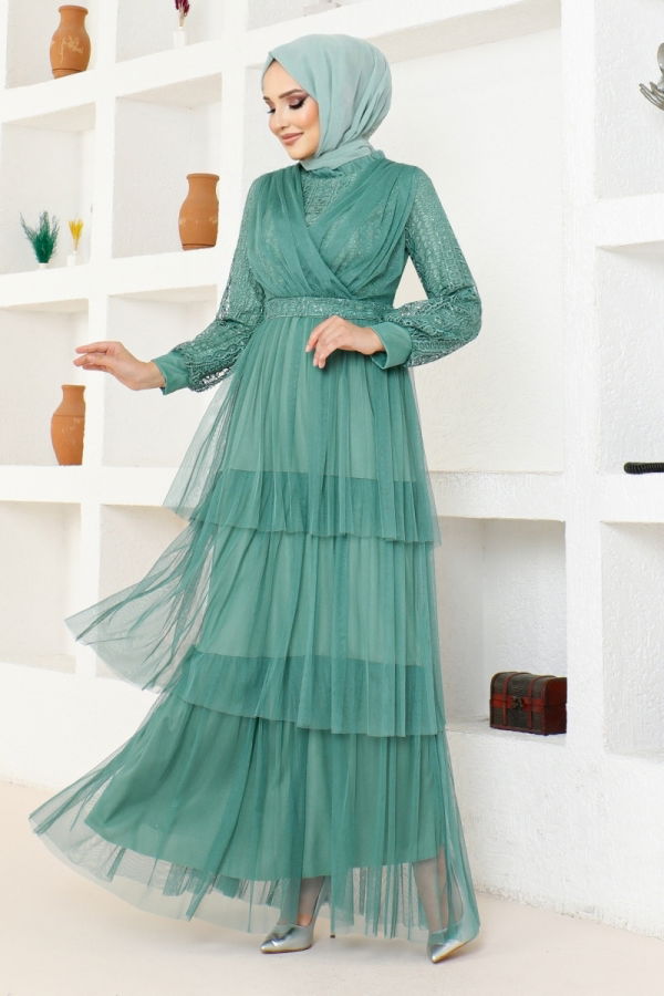 Modaselvim ABİYE Eteği Katlı Tül Abiye MDY4918-M Mint