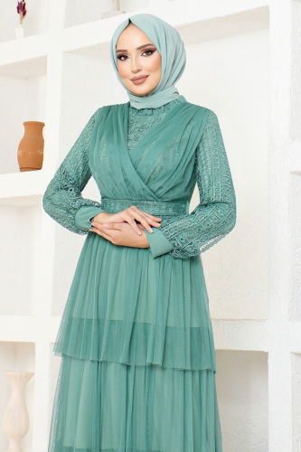 moda selvim Eteği Katlı Tül Abiye MDY4918-M Mint - Thumbnail