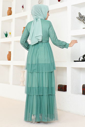 moda selvim Eteği Katlı Tül Abiye MDY4918-M Mint - Thumbnail