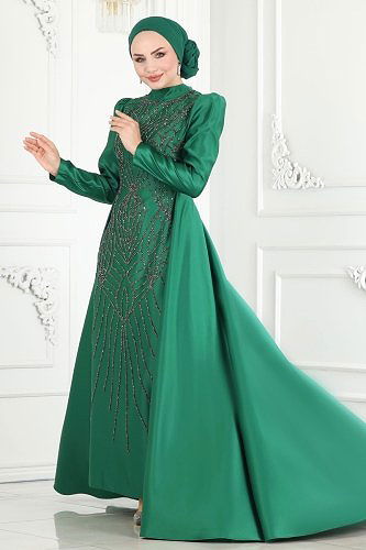 moda selvim Eteği Pelerinli Önü Taşlı Abiye 6546YG95 Zümrüt - Thumbnail