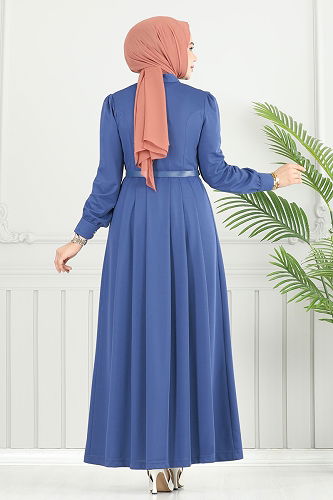 moda selvim Eteği Pileli Dabıl Elbise 431DVL817 İndigo - Thumbnail