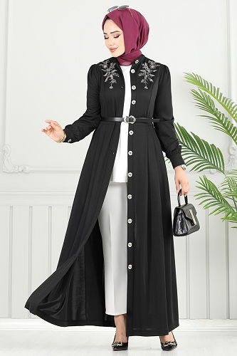 moda selvim Eteği Pileli Dabıl Elbise 431DVL817 Siyah - Thumbnail