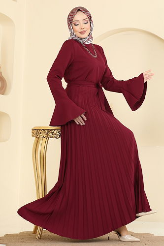 moda selvim Eteği Pilise Detaylı Elbise 5627EDF311 Bordo - Thumbnail