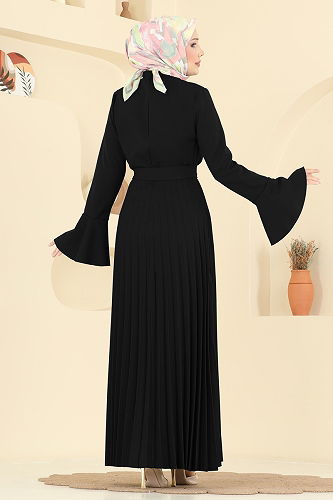 moda selvim Eteği Pilise Detaylı Elbise 5627EDF311 Siyah - Thumbnail