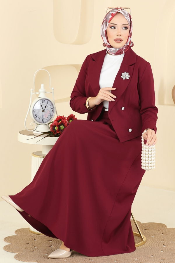 Modaselvim Kombin Eteği Piliseli Ceketli Takım 2775SL432 Bordo