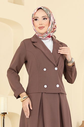 moda selvim Eteği Piliseli Ceketli Takım 2775SL432 Kahve - Thumbnail