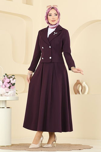 moda selvim Eteği Piliseli Ceketli Takım 2775SL432 Koyu Mürdüm - Thumbnail
