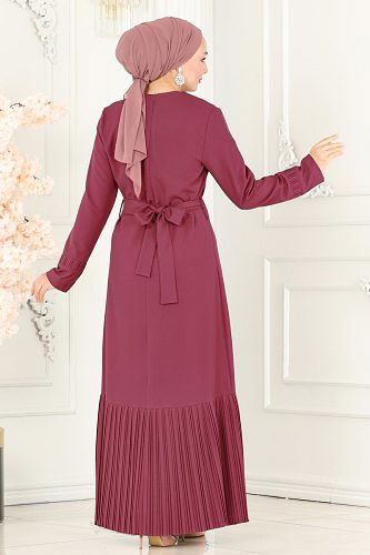 moda selvim Eteği Piliseli Dabıl Elbise 5201AL357 Gül Kurusu - Thumbnail