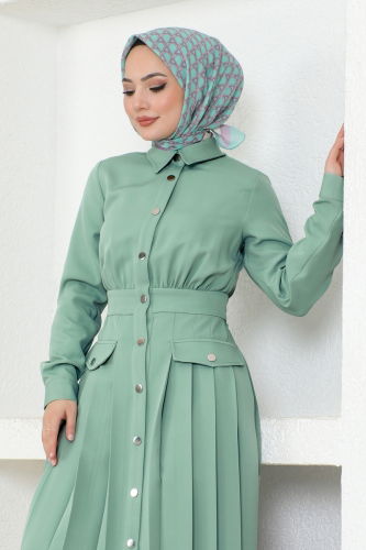 moda selvim Eteği Piliseli Dabıl Elbise 6866MDH809 Mint - Thumbnail