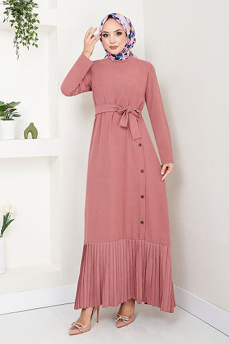 moda selvim Eteği Piliseli Elbise 2398HBS932-M Gül Kurusu - Thumbnail