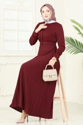 E.D.F. - Eteği Piliseli Kemerli Elbise 5730EDF311 Bordo