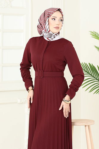 moda selvim Eteği Piliseli Kemerli Elbise 5730EDF311 Bordo - Thumbnail