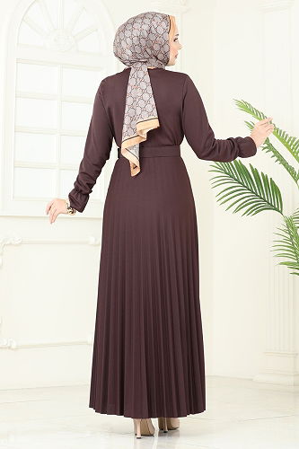 moda selvim Eteği Piliseli Kemerli Elbise 5730EDF311 Kahve - Thumbnail