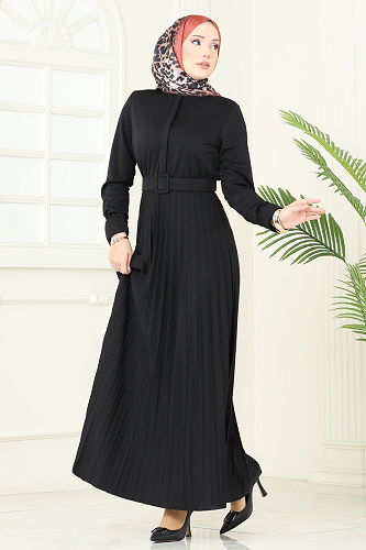 moda selvim Eteği Piliseli Kemerli Elbise 5730EDF311 Siyah - Thumbnail