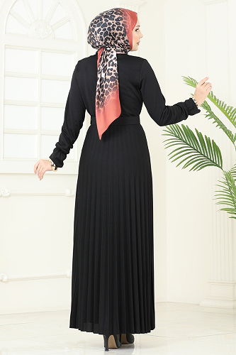 moda selvim Eteği Piliseli Kemerli Elbise 5730EDF311 Siyah - Thumbnail