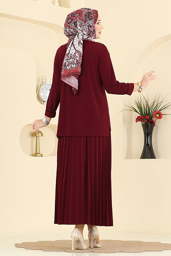 moda selvim Eteği Piliseli Sandy Takım 3483UZ662 Bordo - Thumbnail