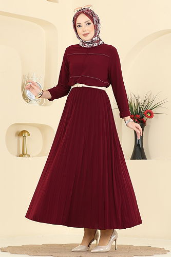 moda selvim Eteği Piliseli Sandy Takım 3483UZ662 Bordo - Thumbnail