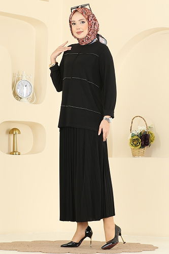 moda selvim Eteği Piliseli Sandy Takım 3483UZ662 Siyah - Thumbnail