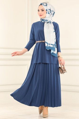 moda selvim Eteği Piliseli Sandy Takım 4125AF356 İndigo - Thumbnail