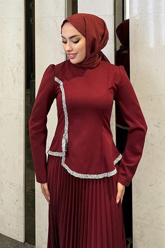 moda selvim Eteği Piliseli Şık Takım 4665ALGK1170 Bordo - Thumbnail