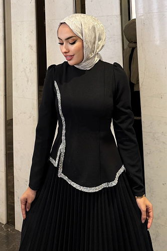 moda selvim Eteği Piliseli Şık Takım 4665ALGK1170 Siyah - Thumbnail