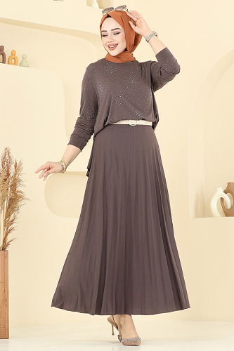 moda selvim Eteği Piliseli Taşlı Takım 6027UZ662 Kahve - Thumbnail