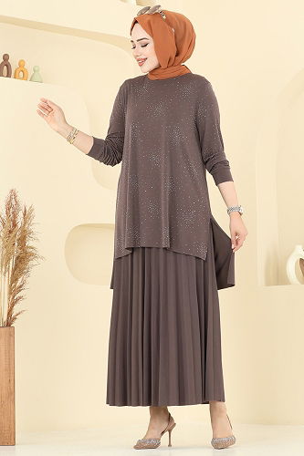 moda selvim Eteği Piliseli Taşlı Takım 6027UZ662 Kahve - Thumbnail
