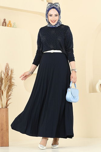 moda selvim Eteği Piliseli Taşlı Takım 6027UZ662 Laci - Thumbnail