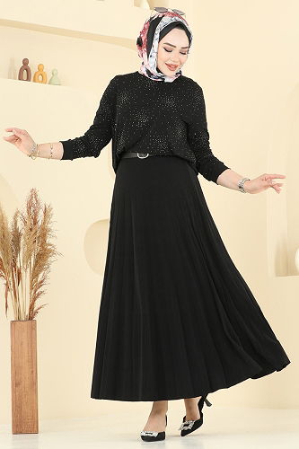 moda selvim Eteği Piliseli Taşlı Takım 6027UZ662 Siyah - Thumbnail