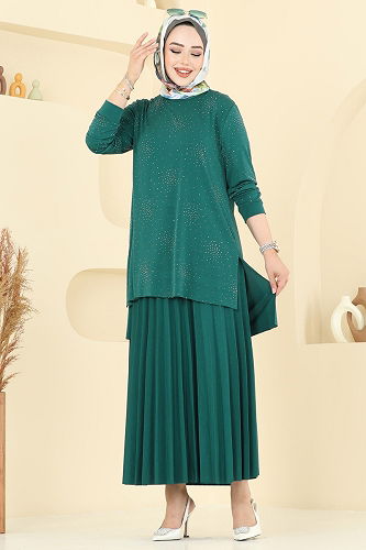moda selvim Eteği Piliseli Taşlı Takım 6027UZ662 Zümrüt - Thumbnail