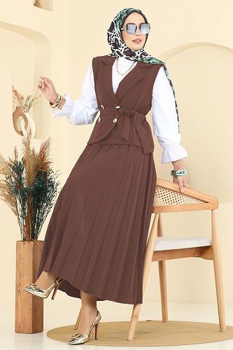moda selvim Eteği Piliseli Üçlü Takım 6450MP806 Kahve - Thumbnail