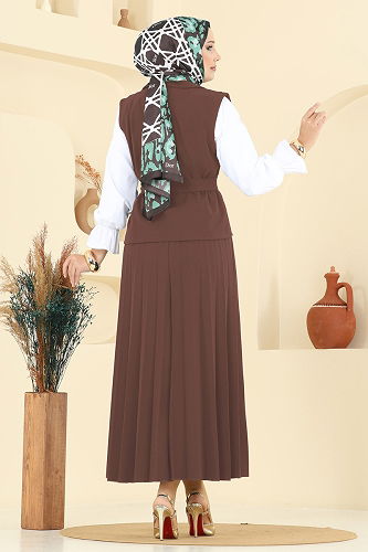 moda selvim Eteği Piliseli Üçlü Takım 6450MP806 Kahve - Thumbnail
