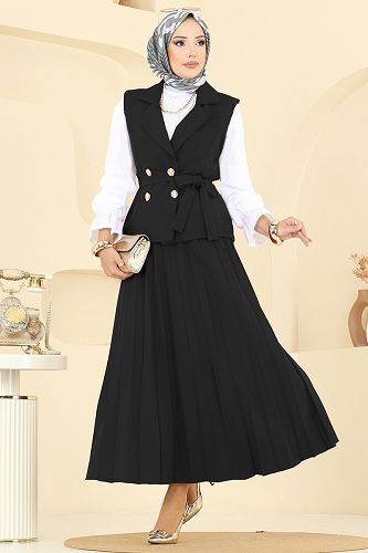 moda selvim Eteği Piliseli Üçlü Takım 6450MP806 Siyah - Thumbnail